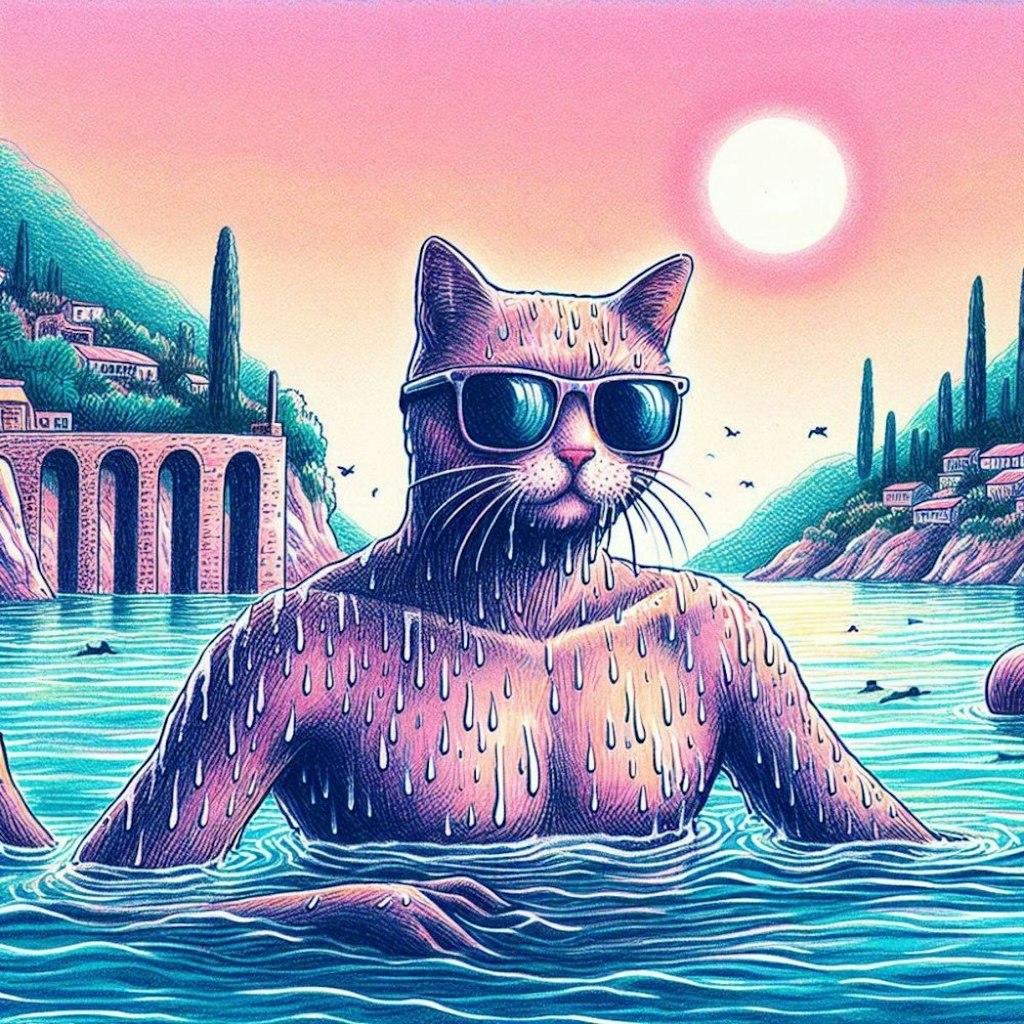 海泳ぐビキニコスプレ人妻&ペン水彩猫画