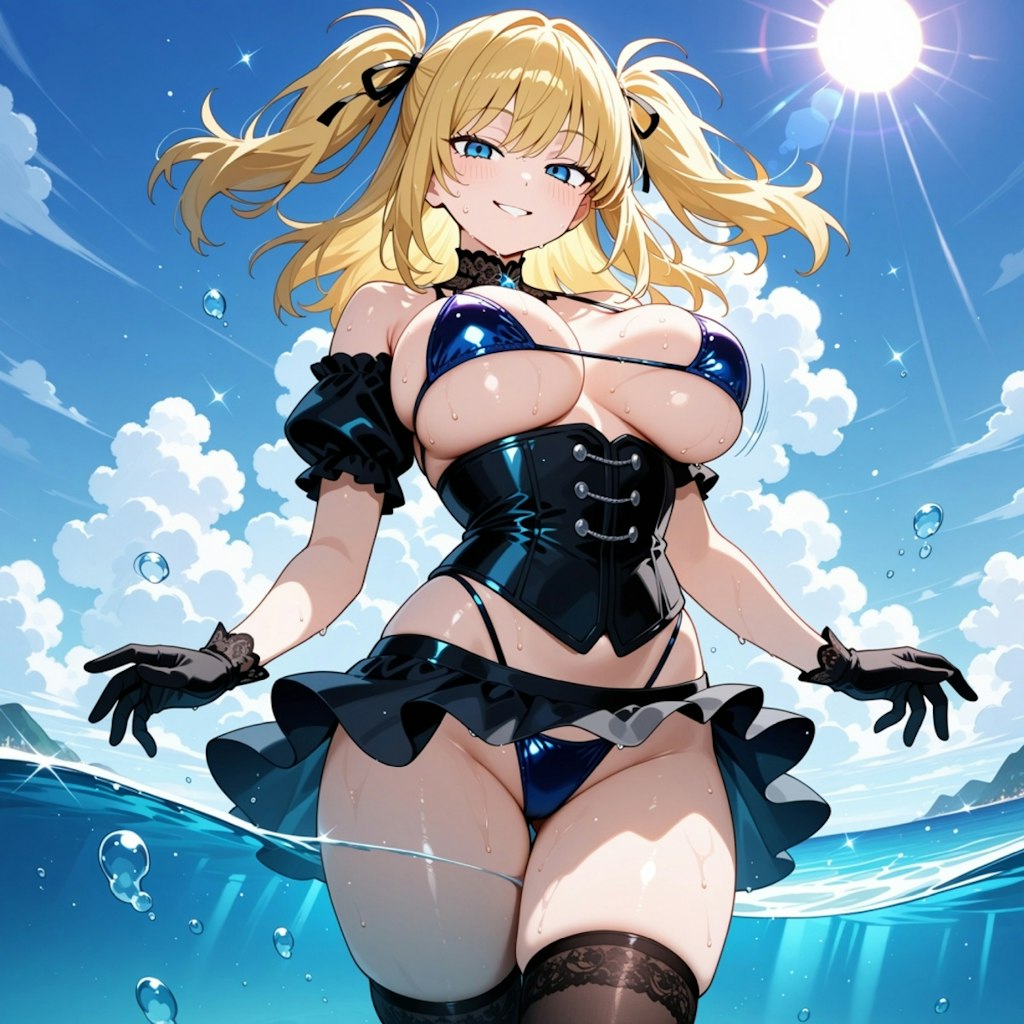 海泳ぐビキニコスプレ人妻&ペン水彩猫画