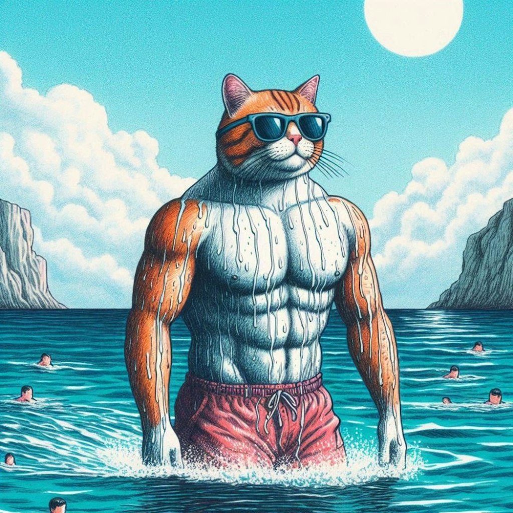 海泳ぐビキニコスプレ人妻&ペン水彩猫画