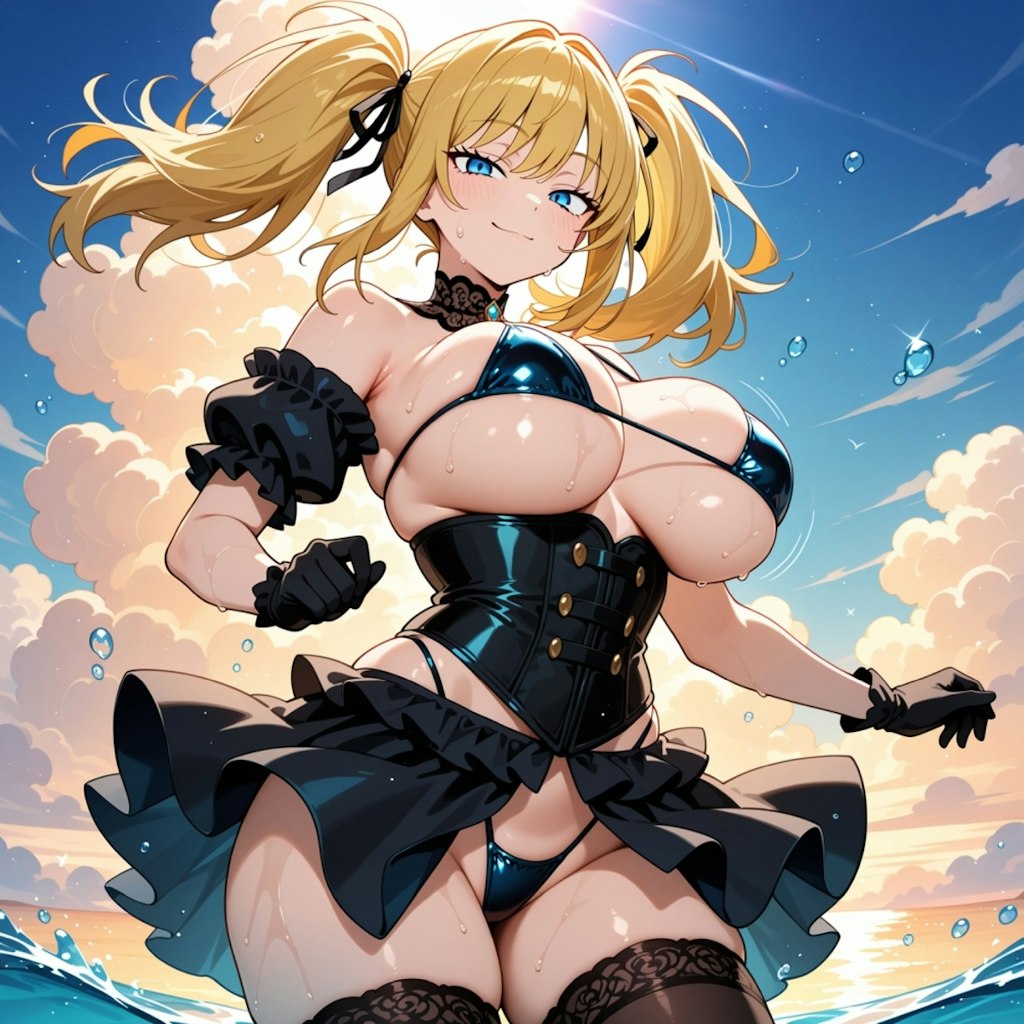 海泳ぐビキニコスプレ人妻&ペン水彩猫画