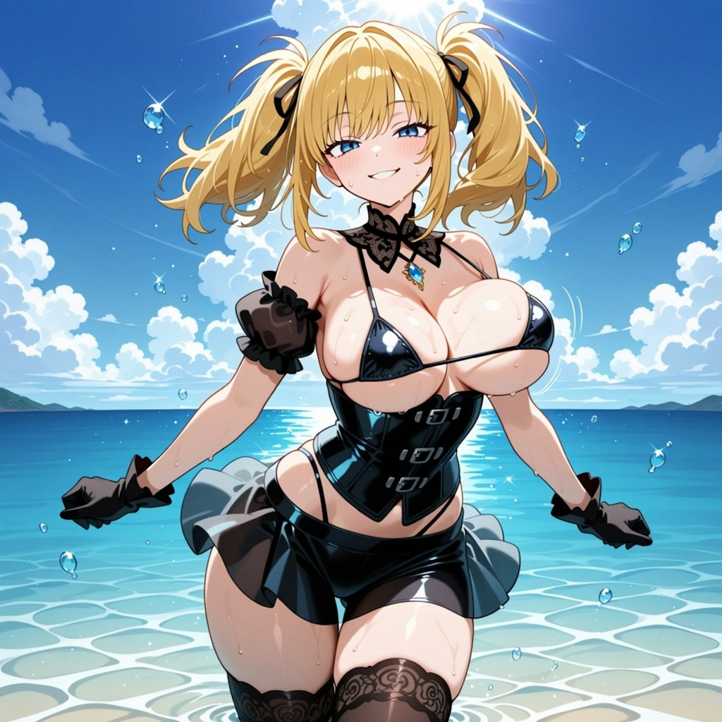 海泳ぐビキニコスプレ人妻&ペン水彩猫画