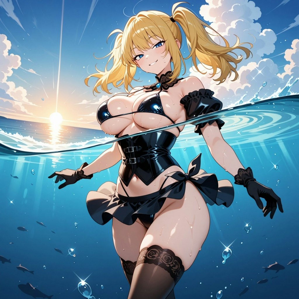 海泳ぐビキニコスプレ人妻&ペン水彩猫画