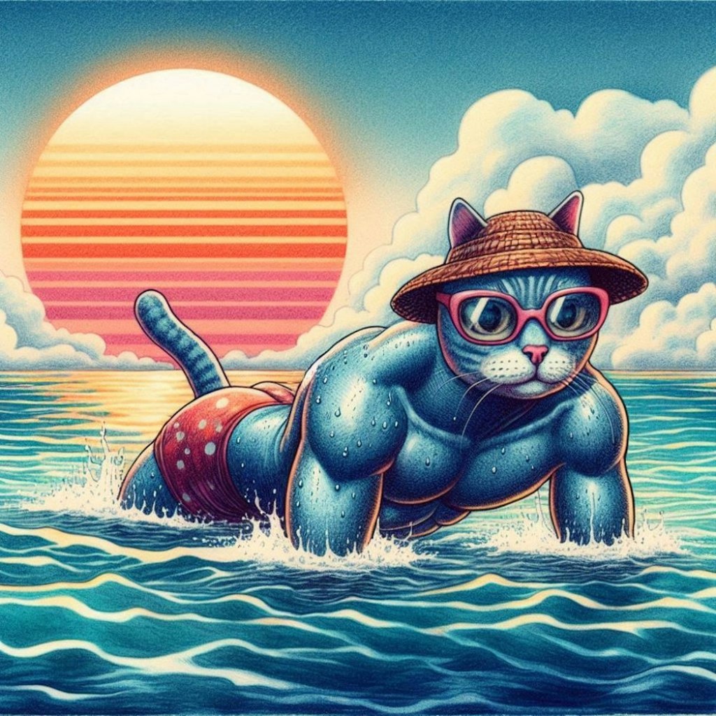 海泳ぐビキニコスプレ人妻&ペン水彩猫画