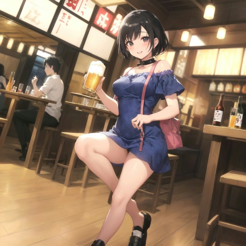 居酒屋でビールを嗜む美女