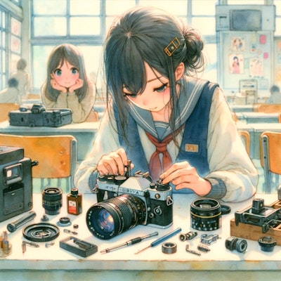 古いカメラのメンテナンスをする女子学生