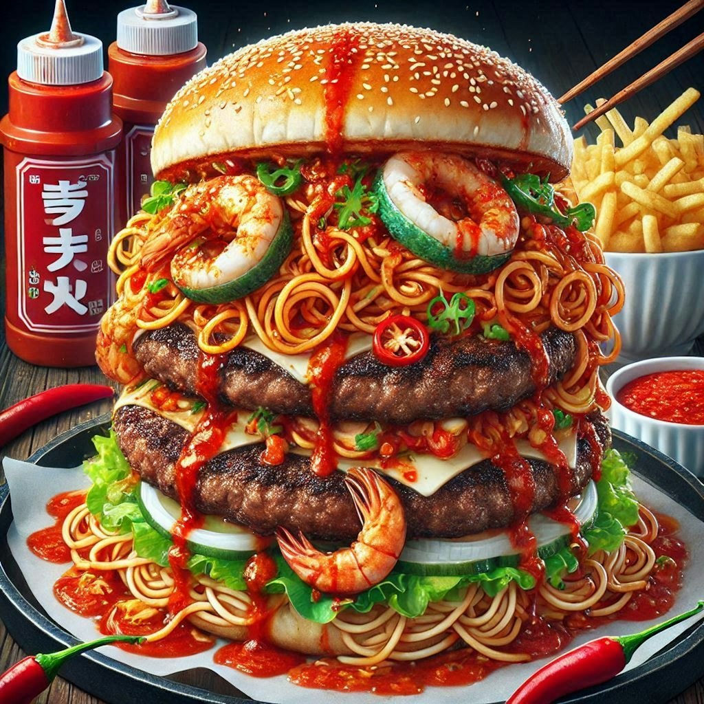 デカ盛りホットチリ海鮮麺バーガー