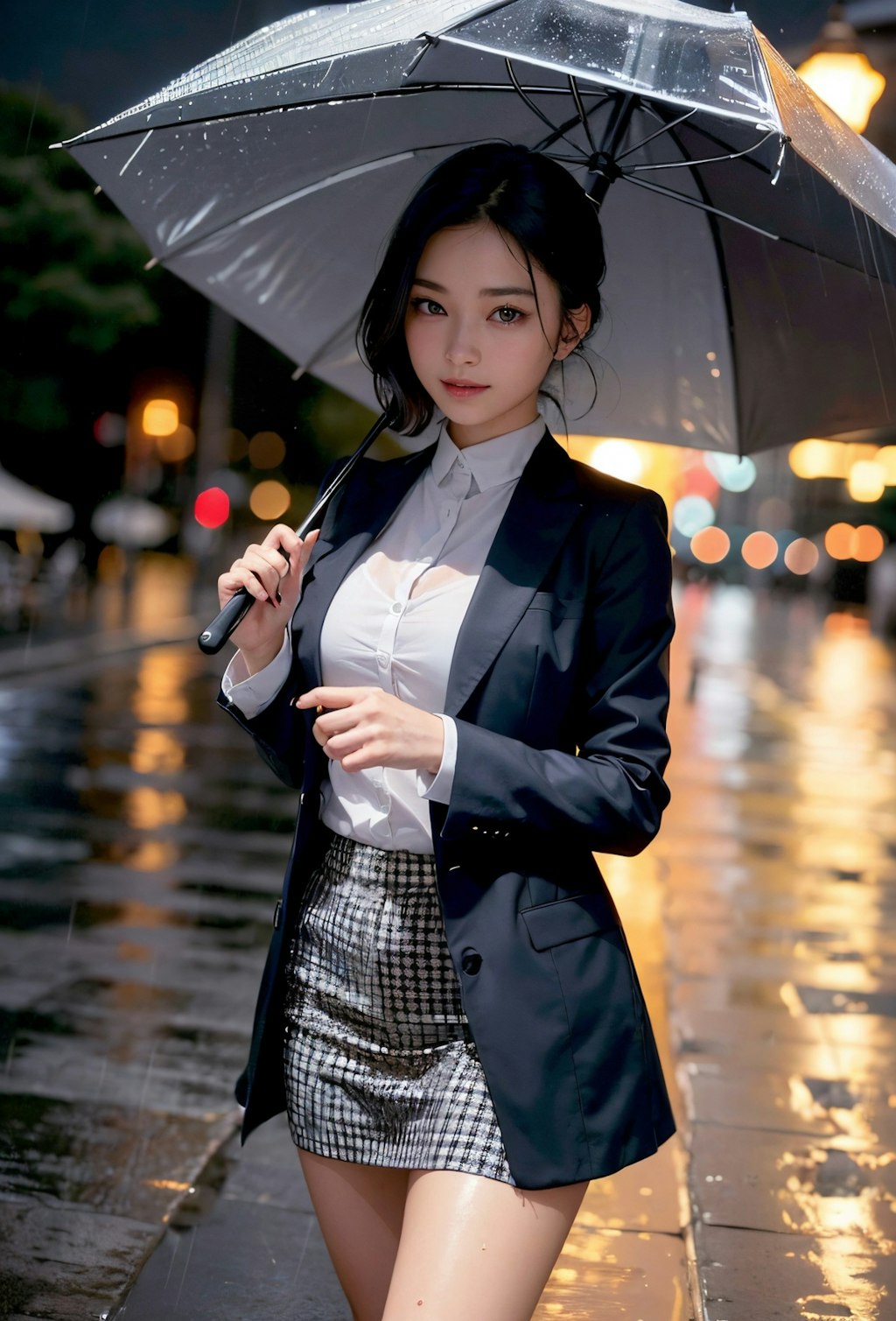 雨の中、夜歩く美女