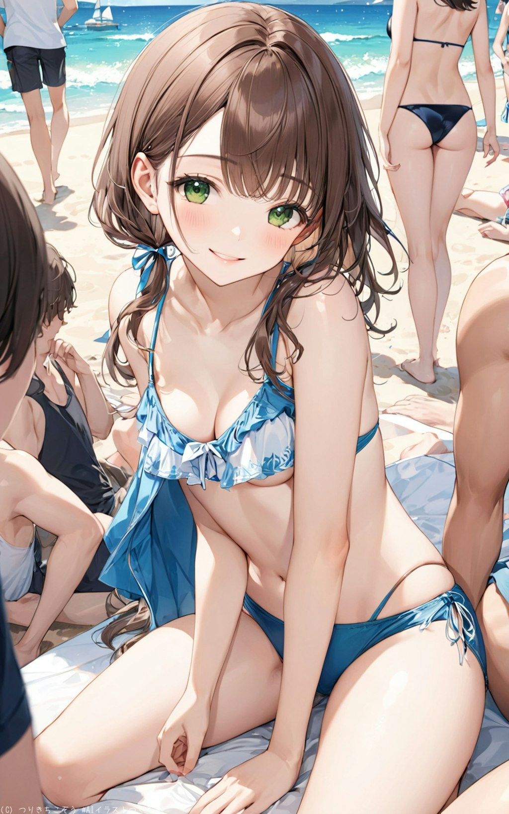 青い海、ビーチ、女の子