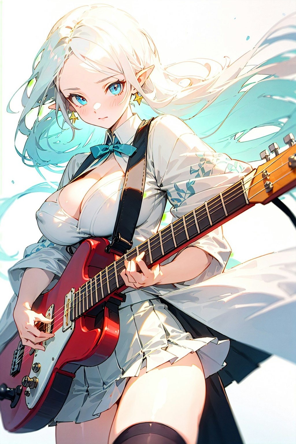 ギターを弾く和風エルフ姉さん