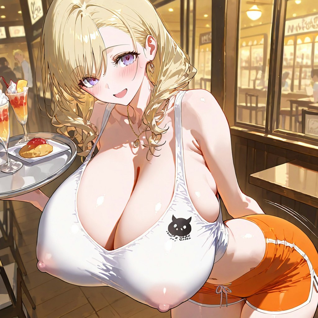 ノーブラ姿がエッチなウェイトレスさん！