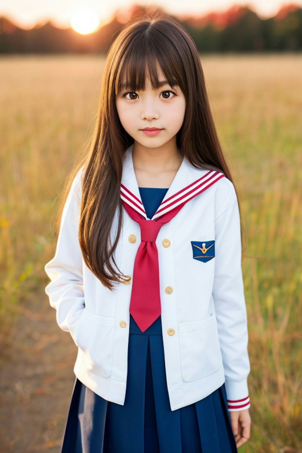 かわいいセーラー服の女の子　草原にて