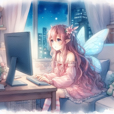 夜更かしでパソコンを使う妖精さん