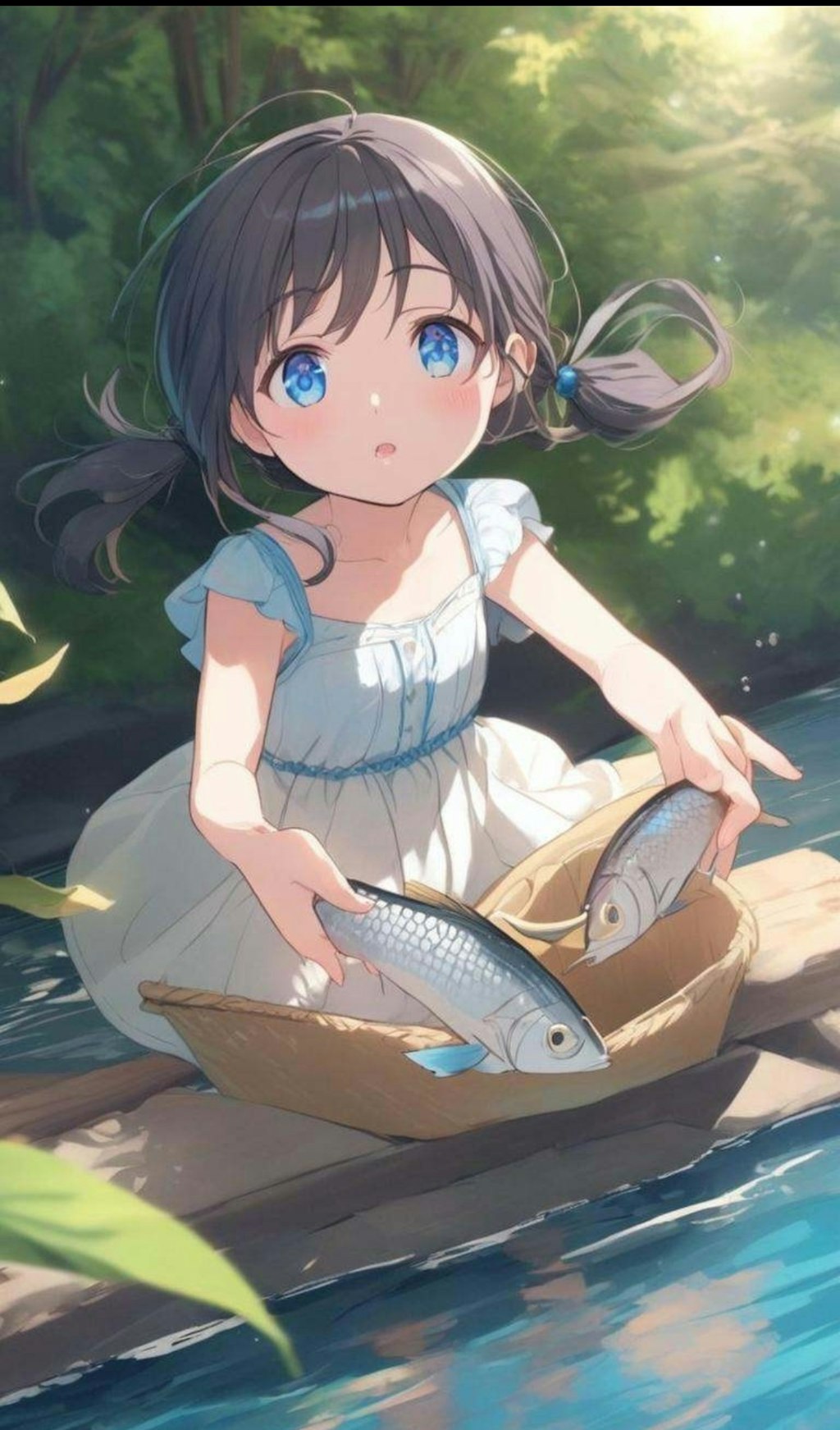 川で魚を捕まえている小さな女の子