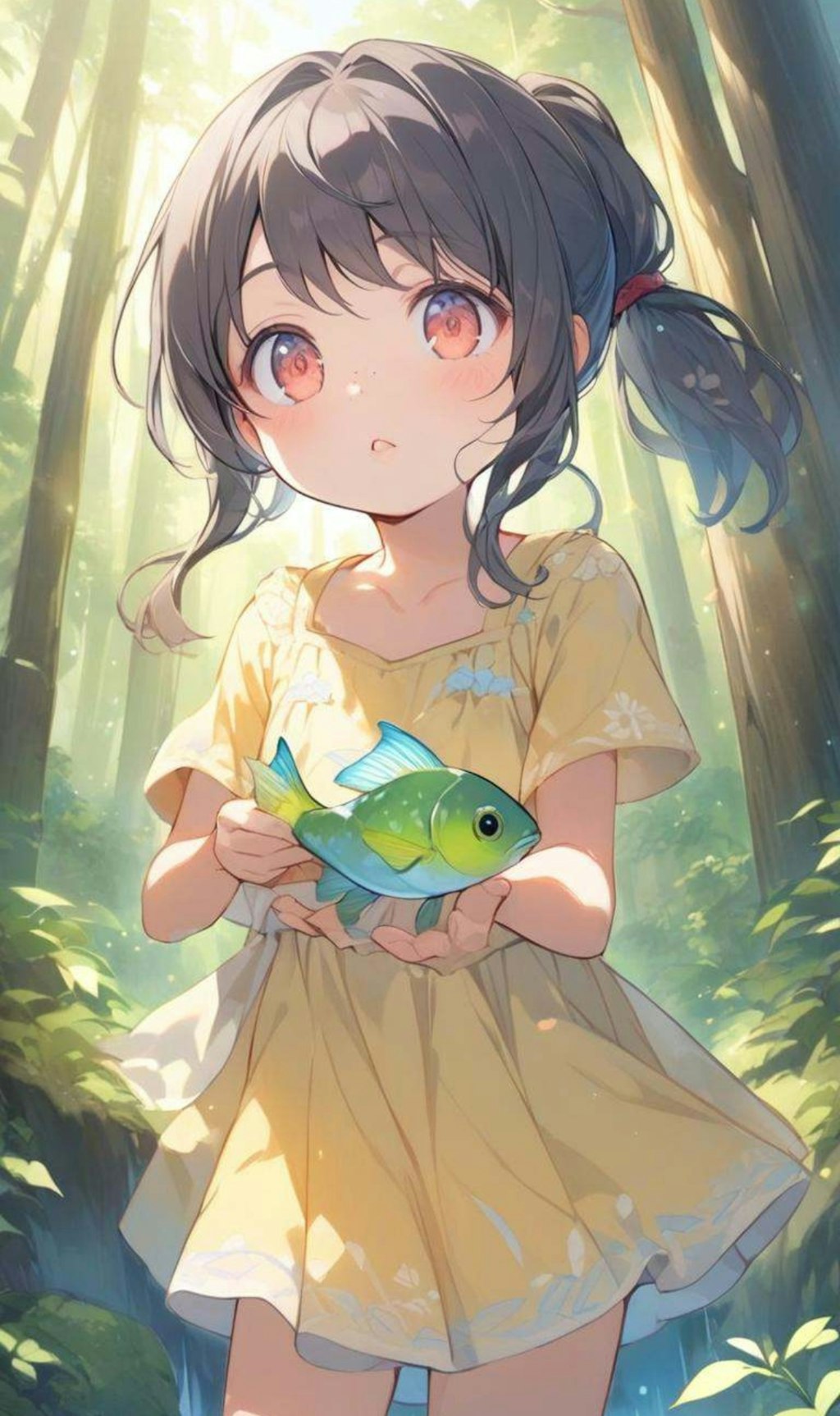 川で魚を捕まえている小さな女の子