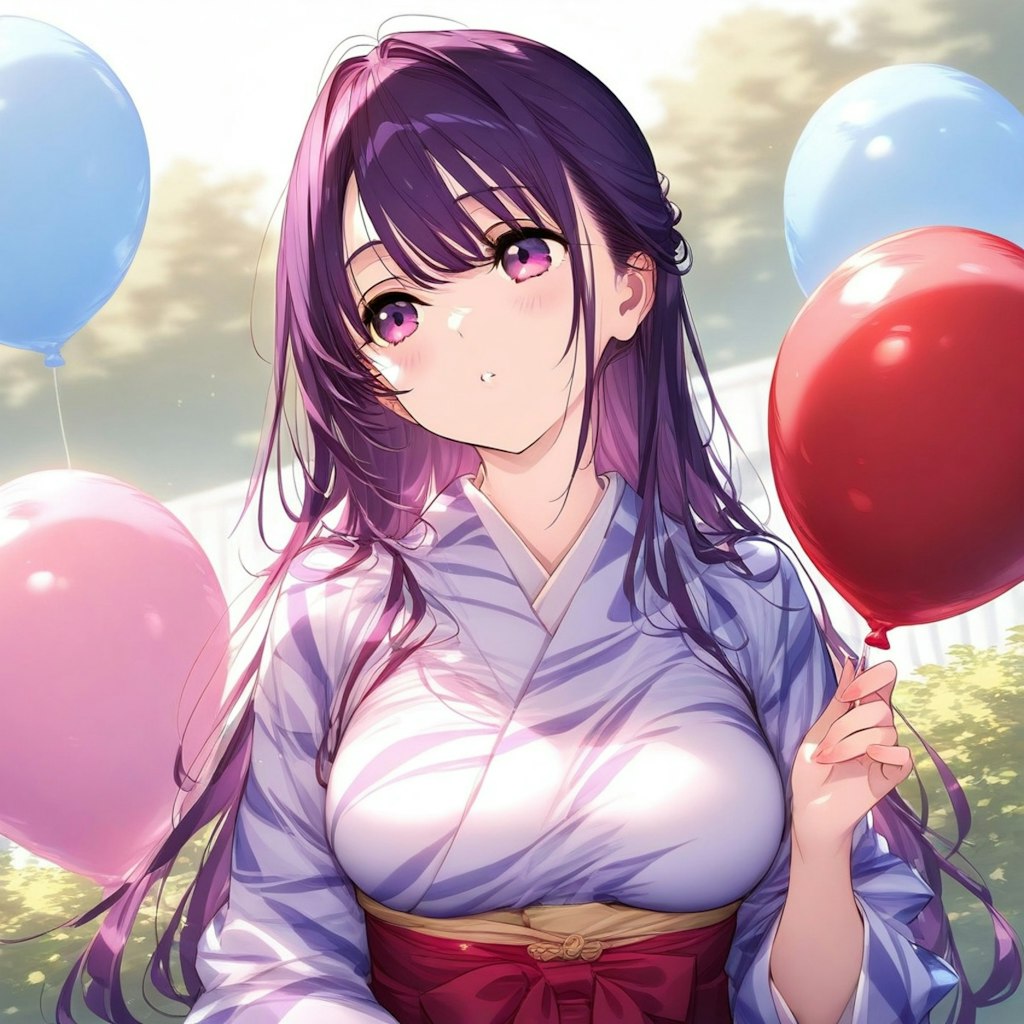 風船を持つ紫髪ロングの和服美女