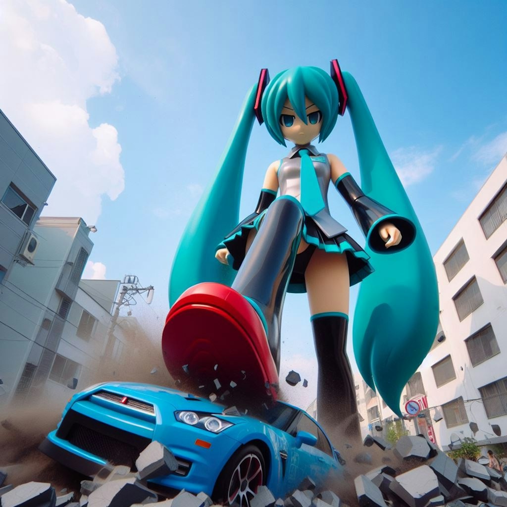 初音ミク、車を踏みつける