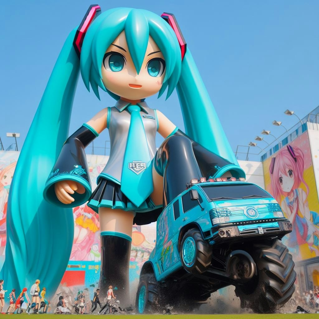 初音ミク、車を踏みつける