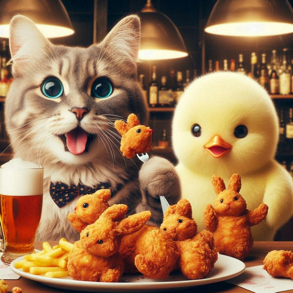 猫とヒヨコと兎が卯茶唐食べる