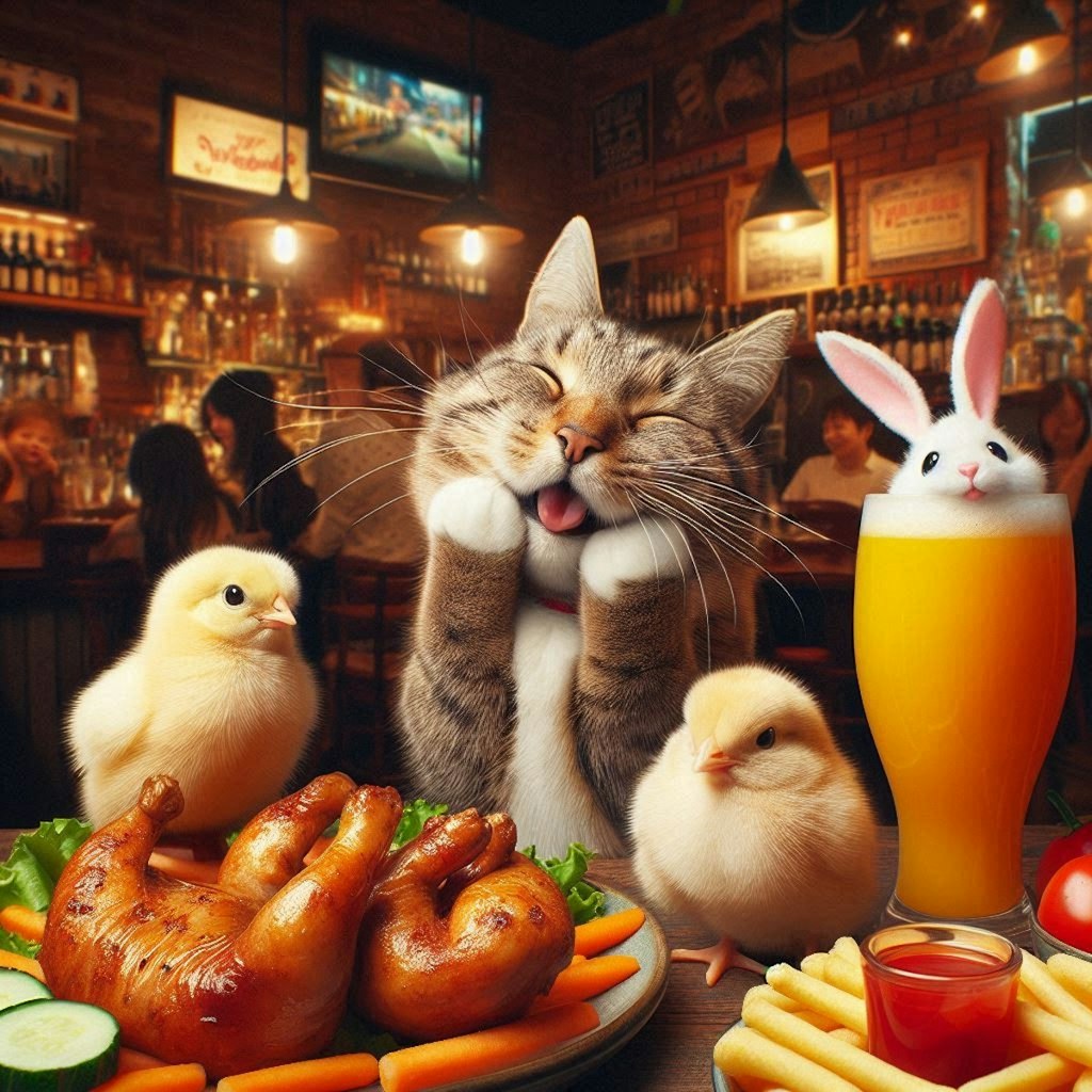 猫とヒヨコと兎が卯茶唐食べる