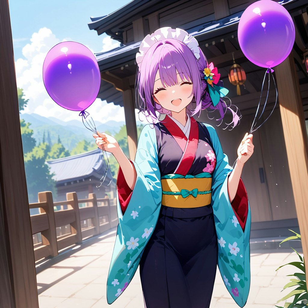 神社で紫色の風船を持つ紫髪の和服美女