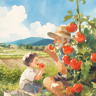 トマト畑の老人と子供