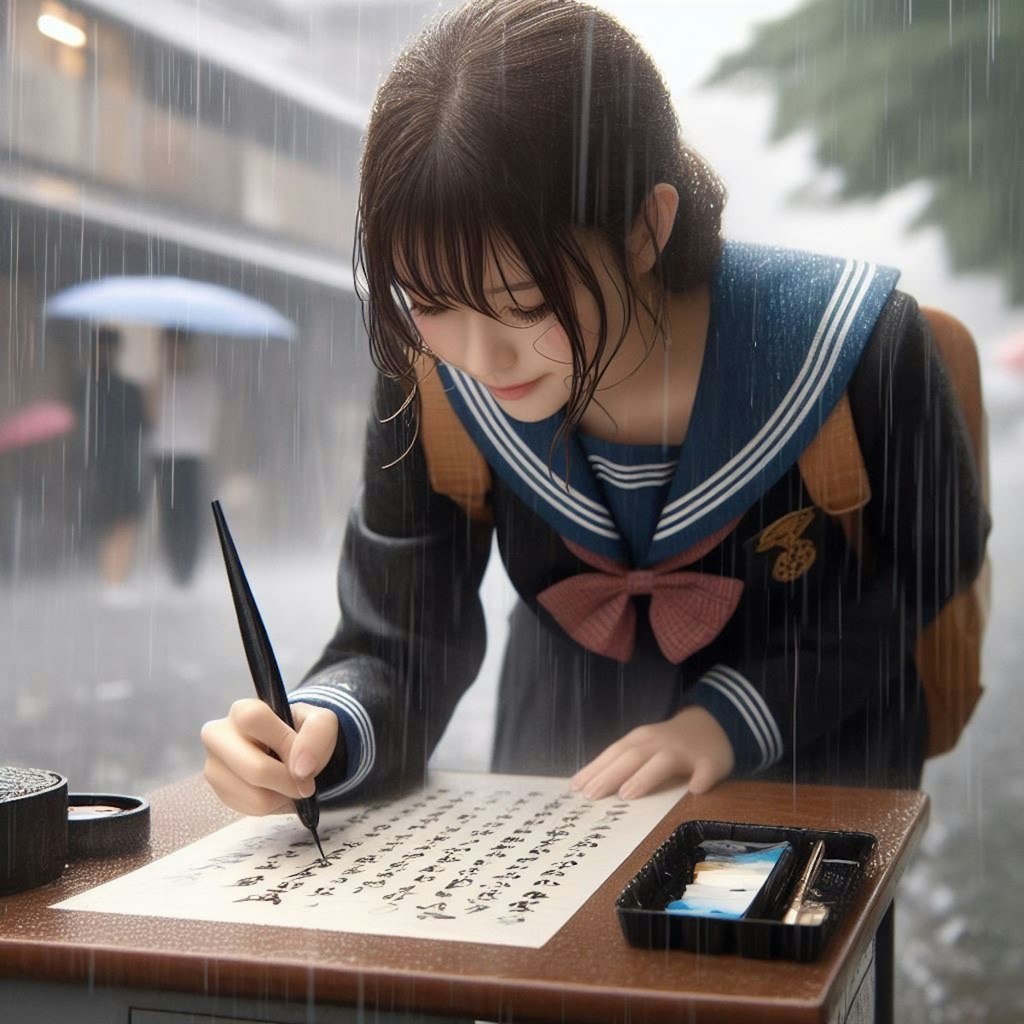 【謎画像】土砂降りの中書道をする女子高生