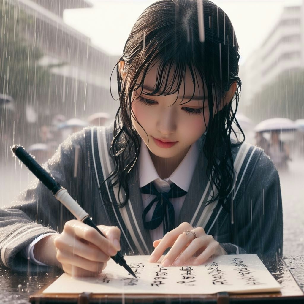 【謎画像】土砂降りの中書道をする女子高生