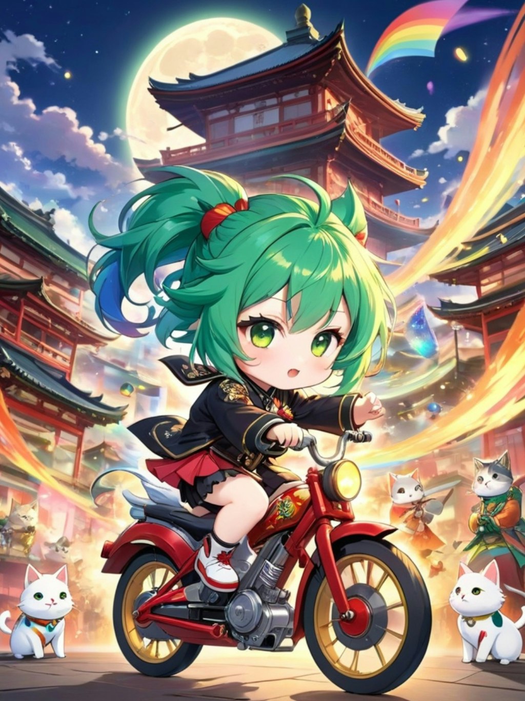 猫とバイクと緑髪ちゃん