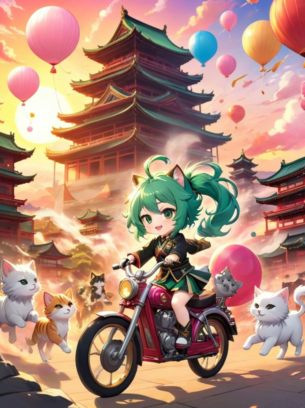 猫とバイクと緑髪ちゃん