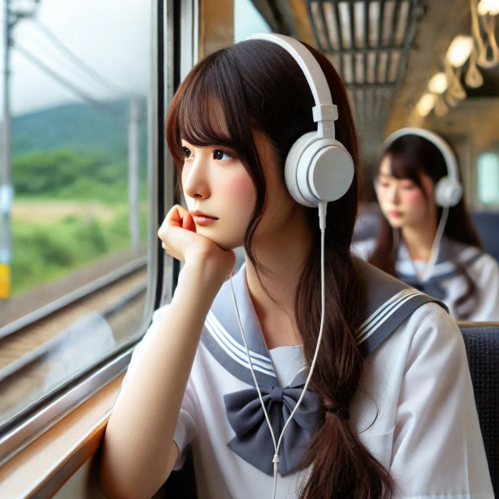 電車の中で音楽を聴く女子高生　Flux.1,Dalle