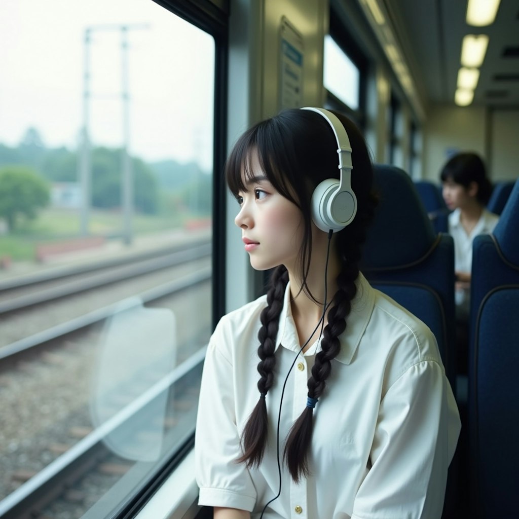 電車の中で音楽を聴く女子高生　Flux.1,Dalle