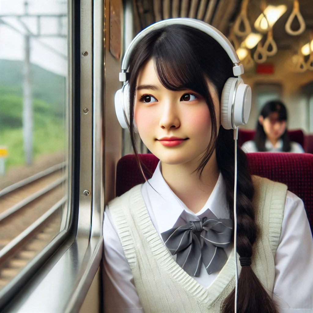 電車の中で音楽を聴く女子高生　Flux.1,Dalle