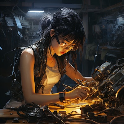 機械を修理する少女