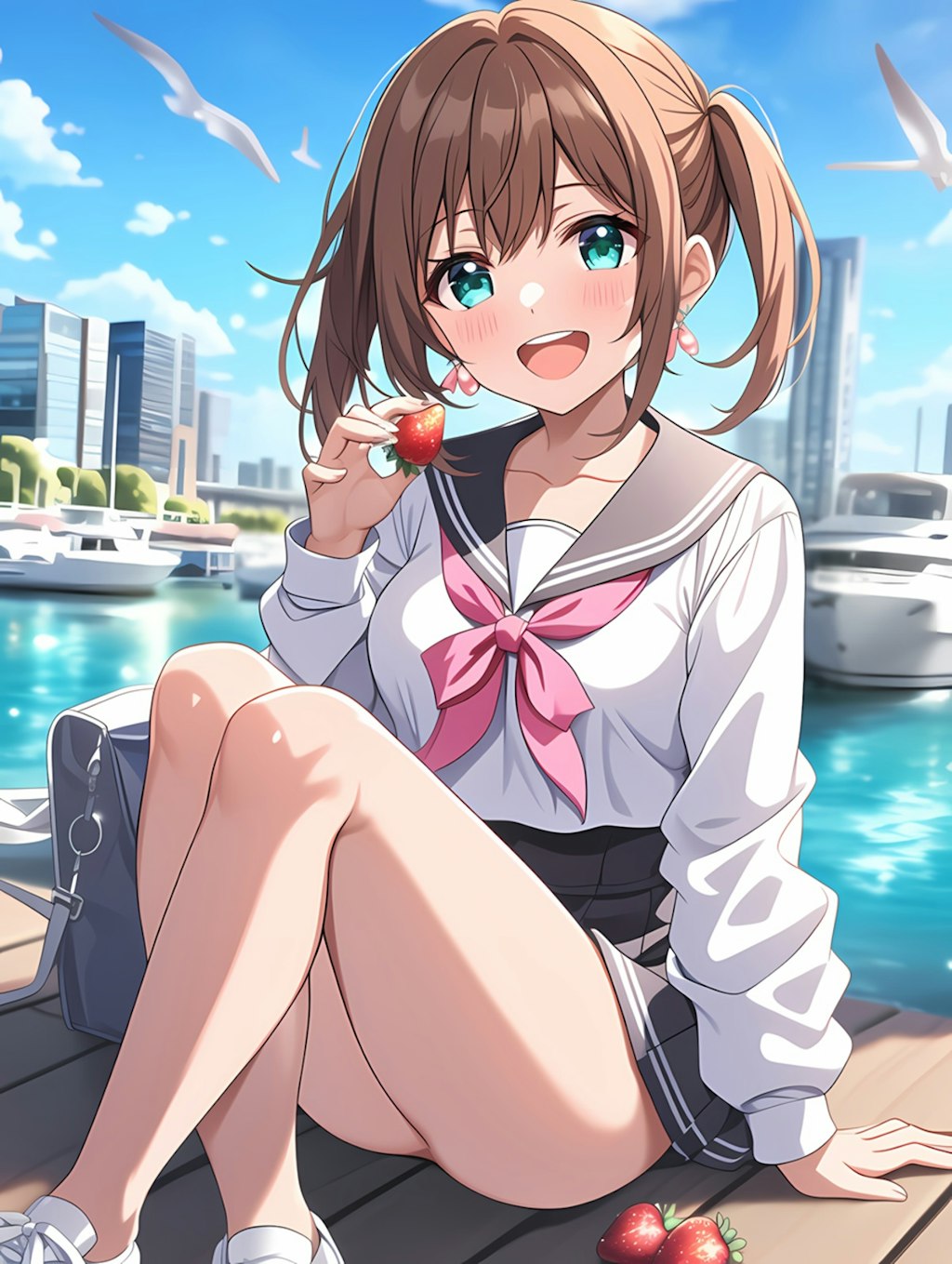港でいちごを食べる