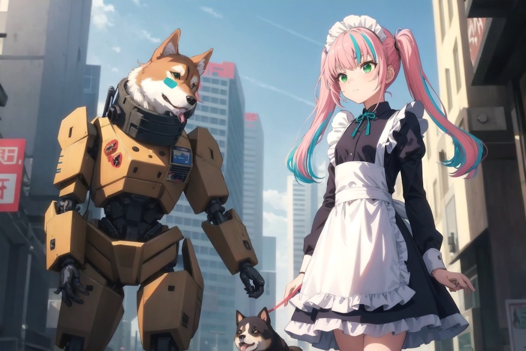 犬の散歩するメイドロボ