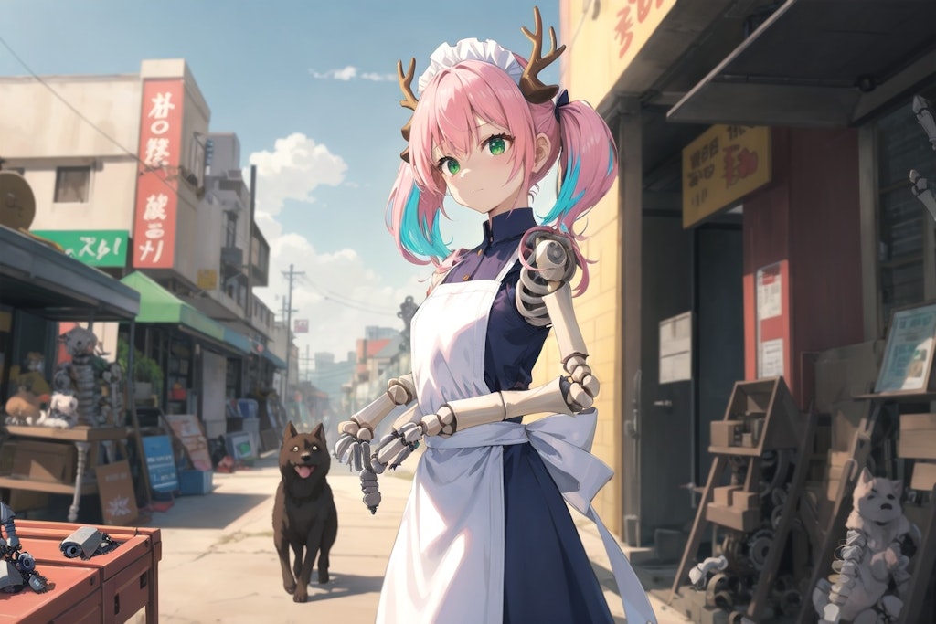 犬の散歩するメイドロボ