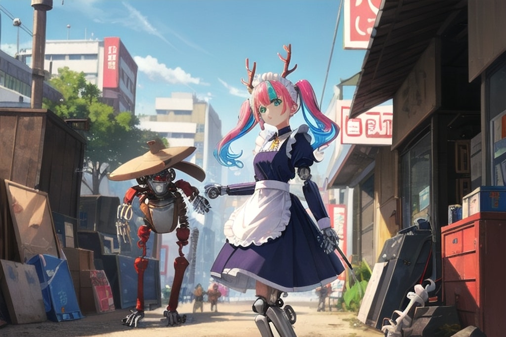犬の散歩するメイドロボ