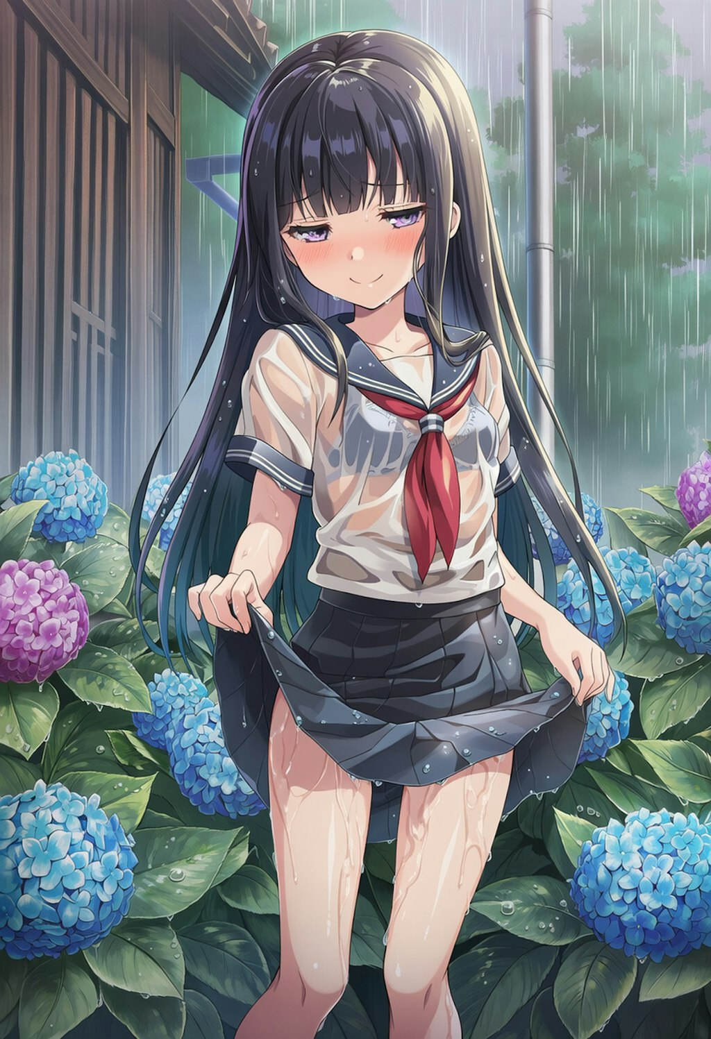 梅雨と紫陽花と濡少女