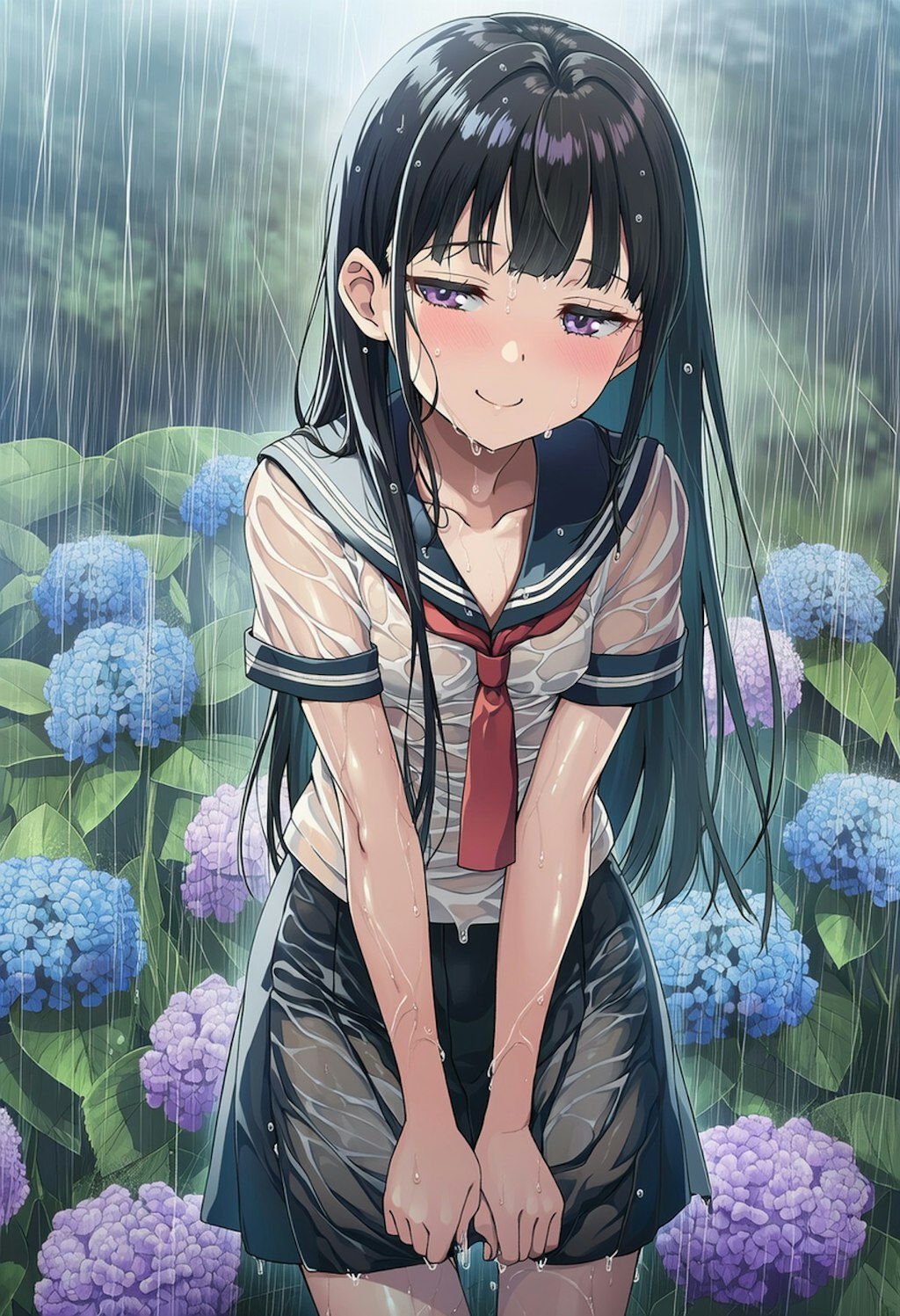 梅雨と紫陽花と濡少女