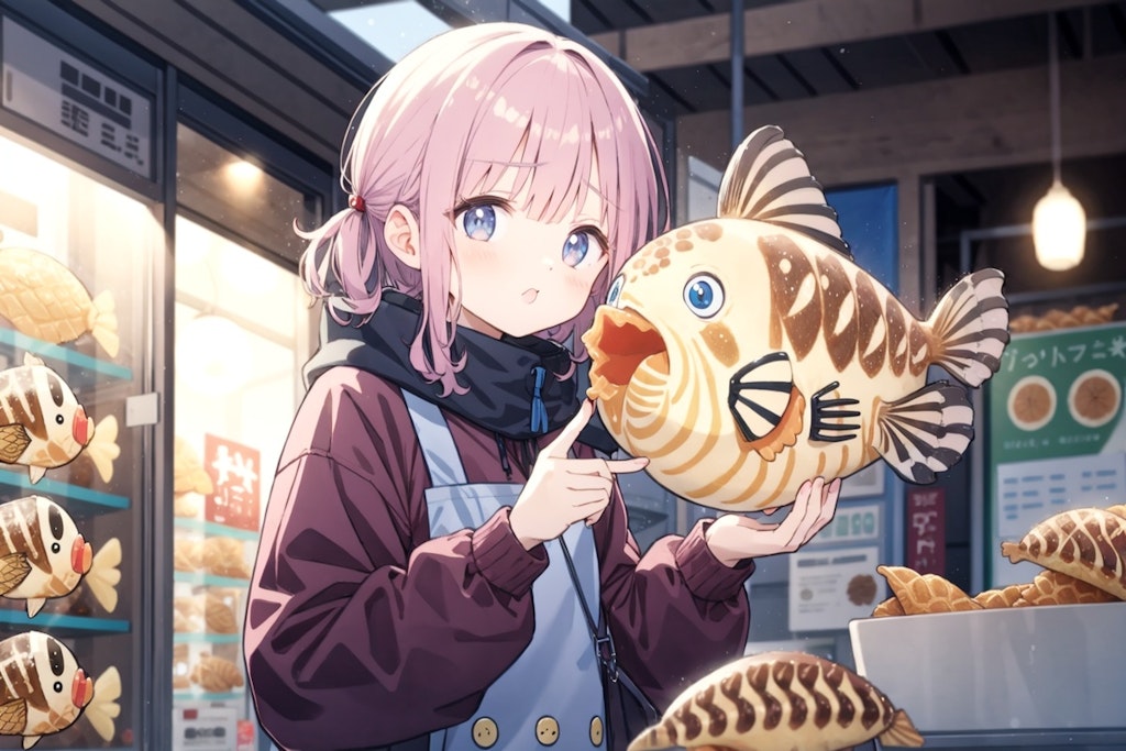 これたい焼きやない。かわいい魚型パンを女の子が浮かしているイリュージョンや