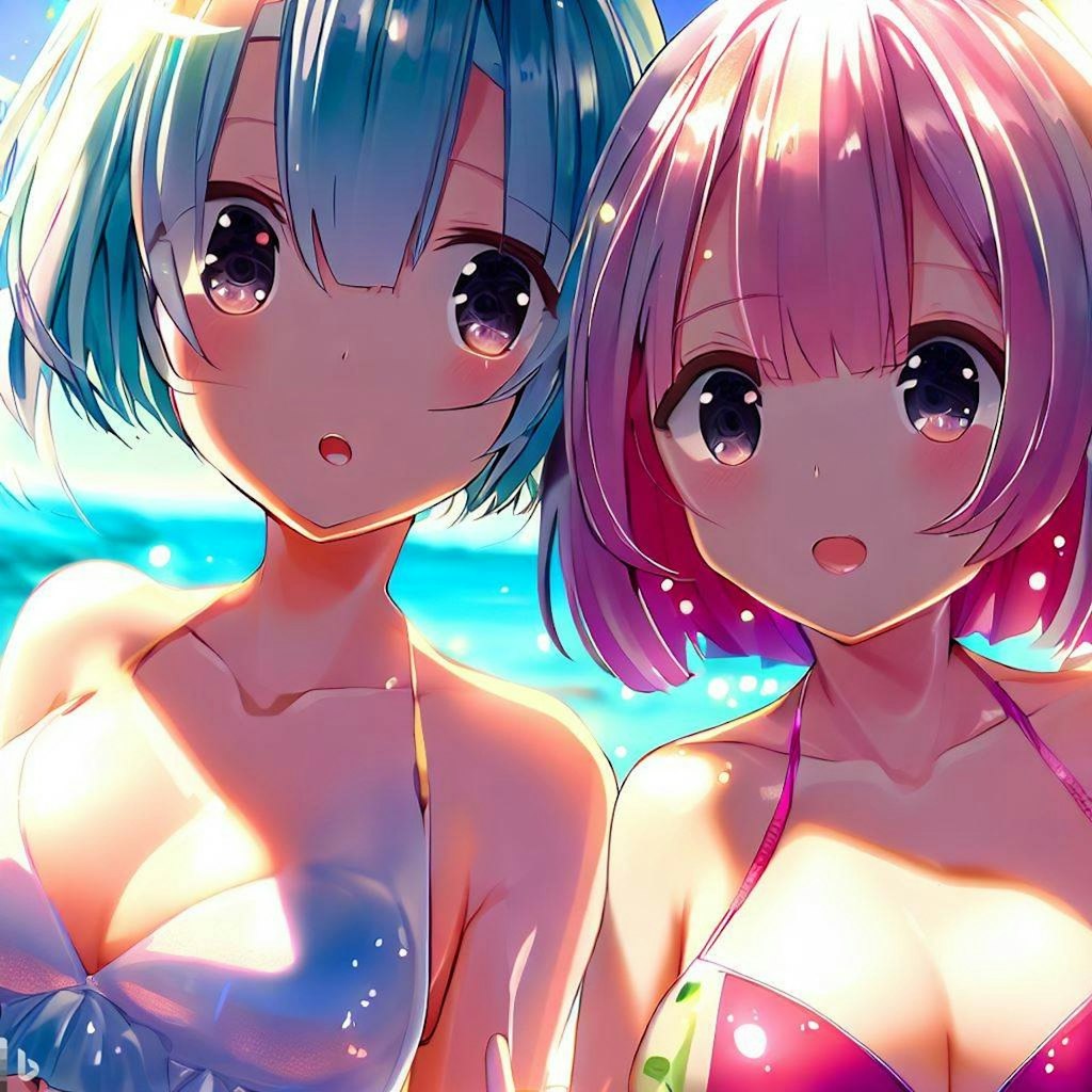 海で遊ぶレム＆ラム