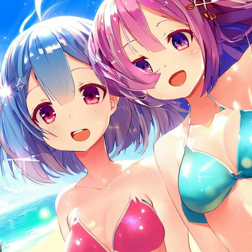 海で遊ぶレム＆ラム