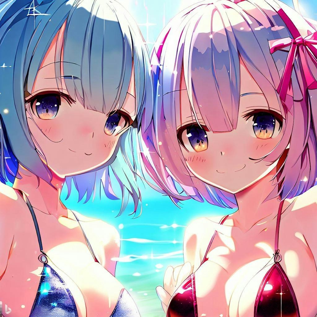 海で遊ぶレム＆ラム