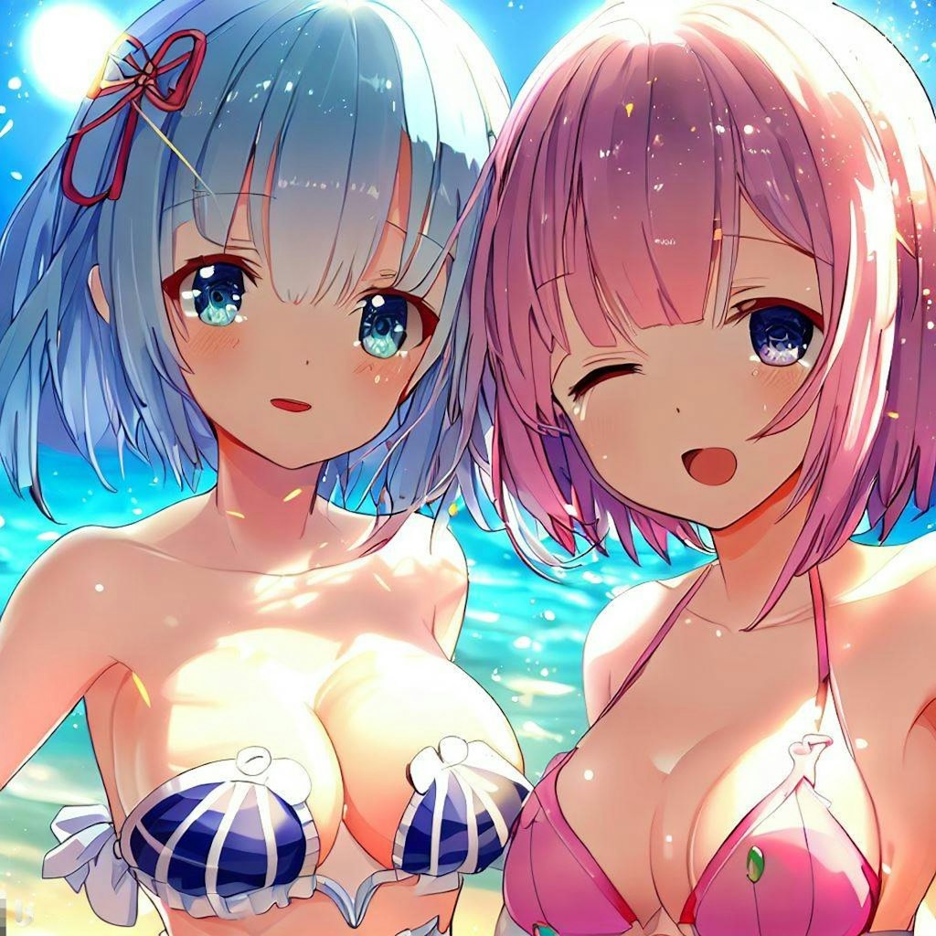 海で遊ぶレム＆ラム