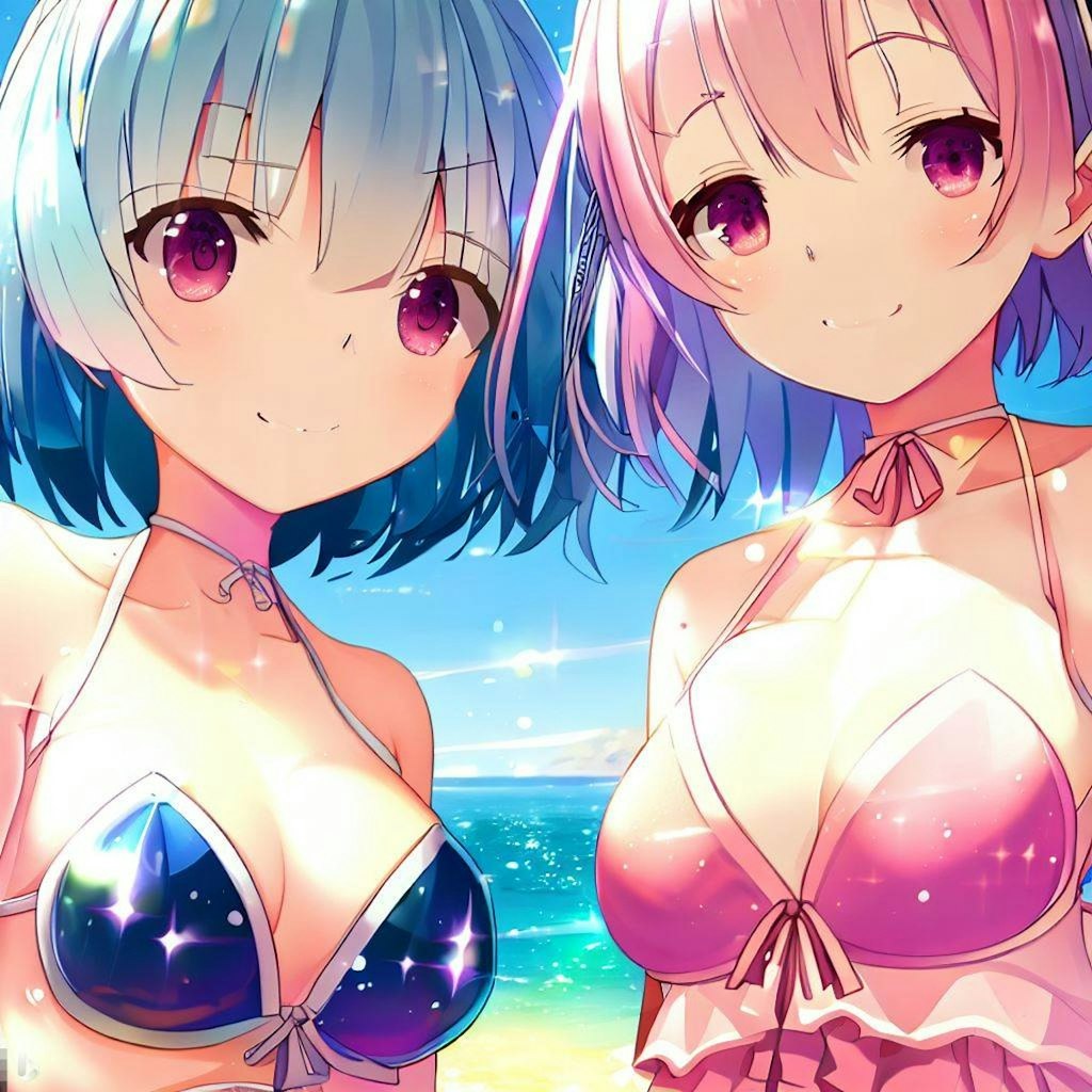 海で遊ぶレム＆ラム