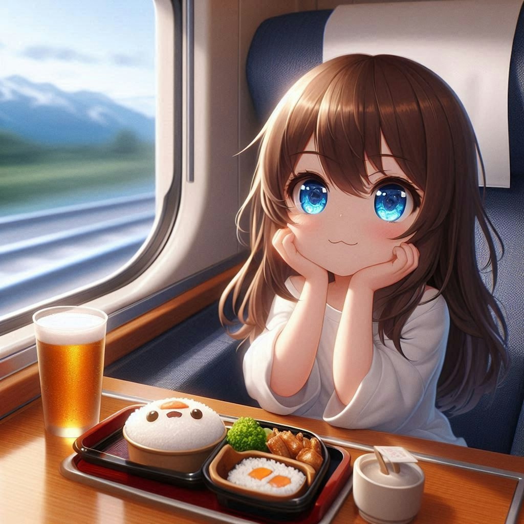 新幹線で駅弁を食べる小さな女の子