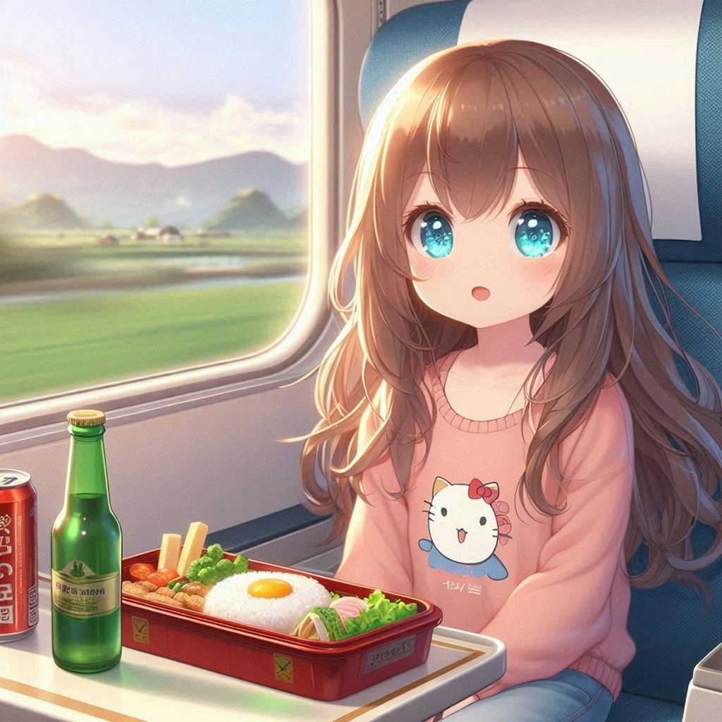 新幹線で駅弁を食べる小さな女の子