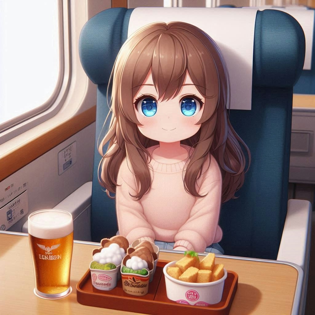 新幹線で駅弁を食べる小さな女の子