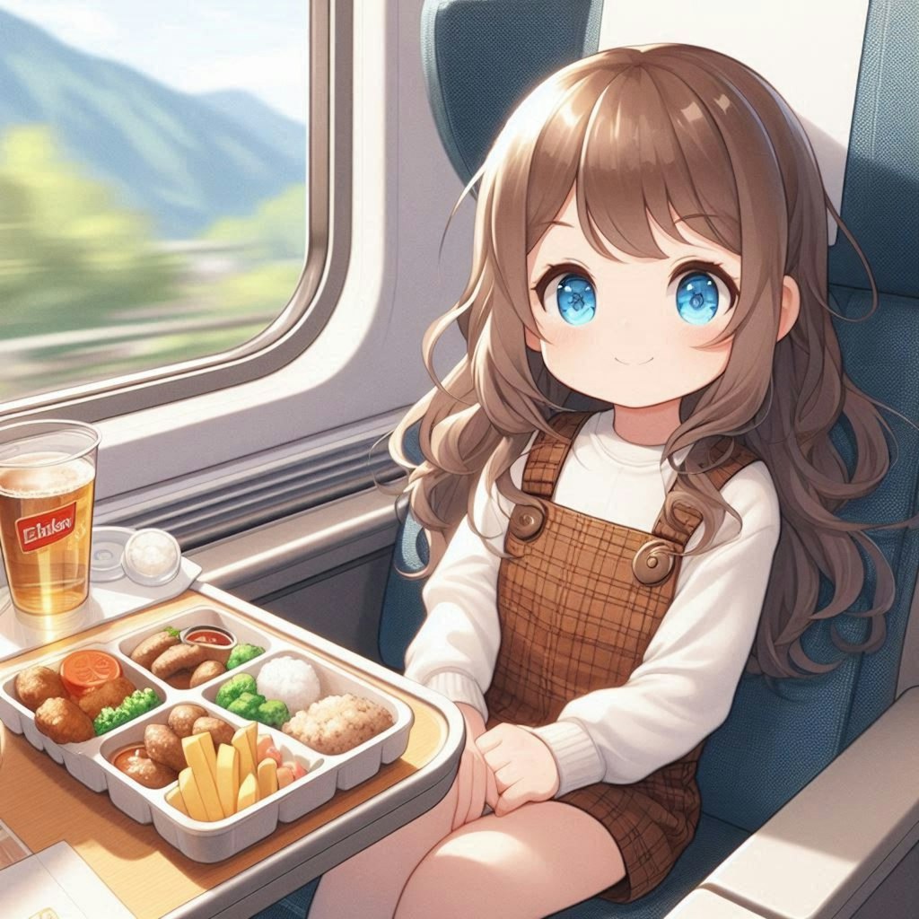 新幹線で駅弁を食べる小さな女の子