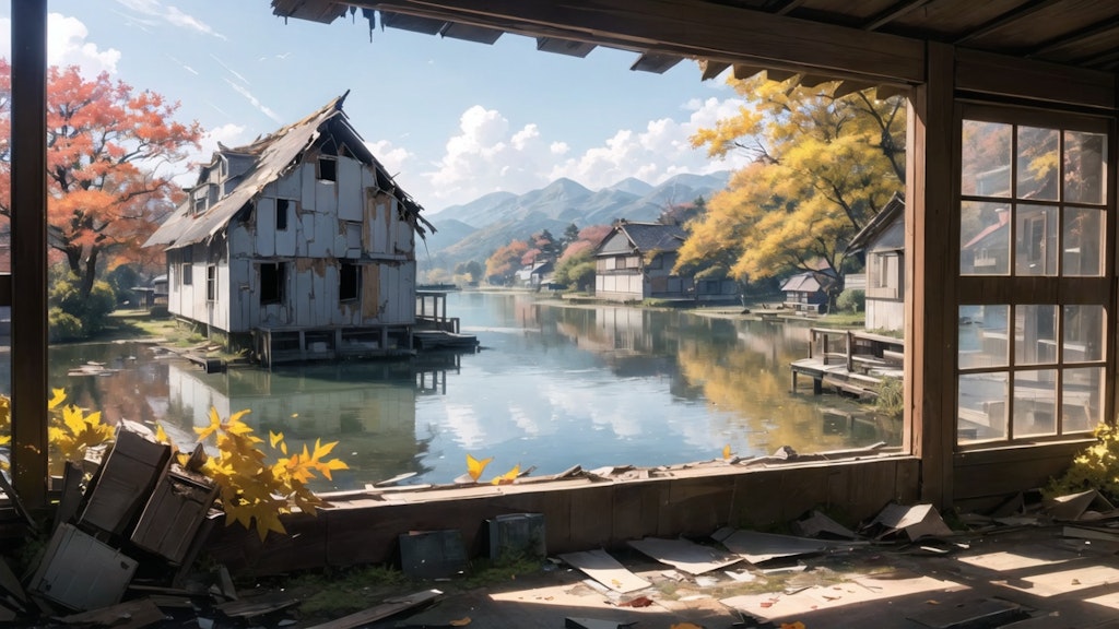 背景　湖が見える廃墟